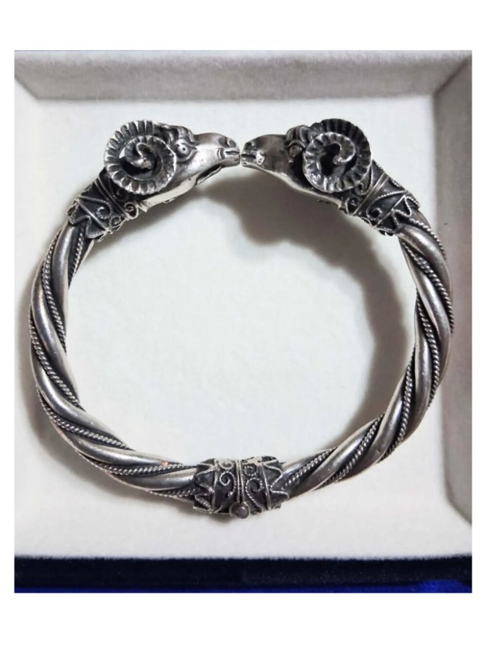 Sterling Silver Double Ram Head Twisted Cable Hinged Torque Bracelet Size 7.15